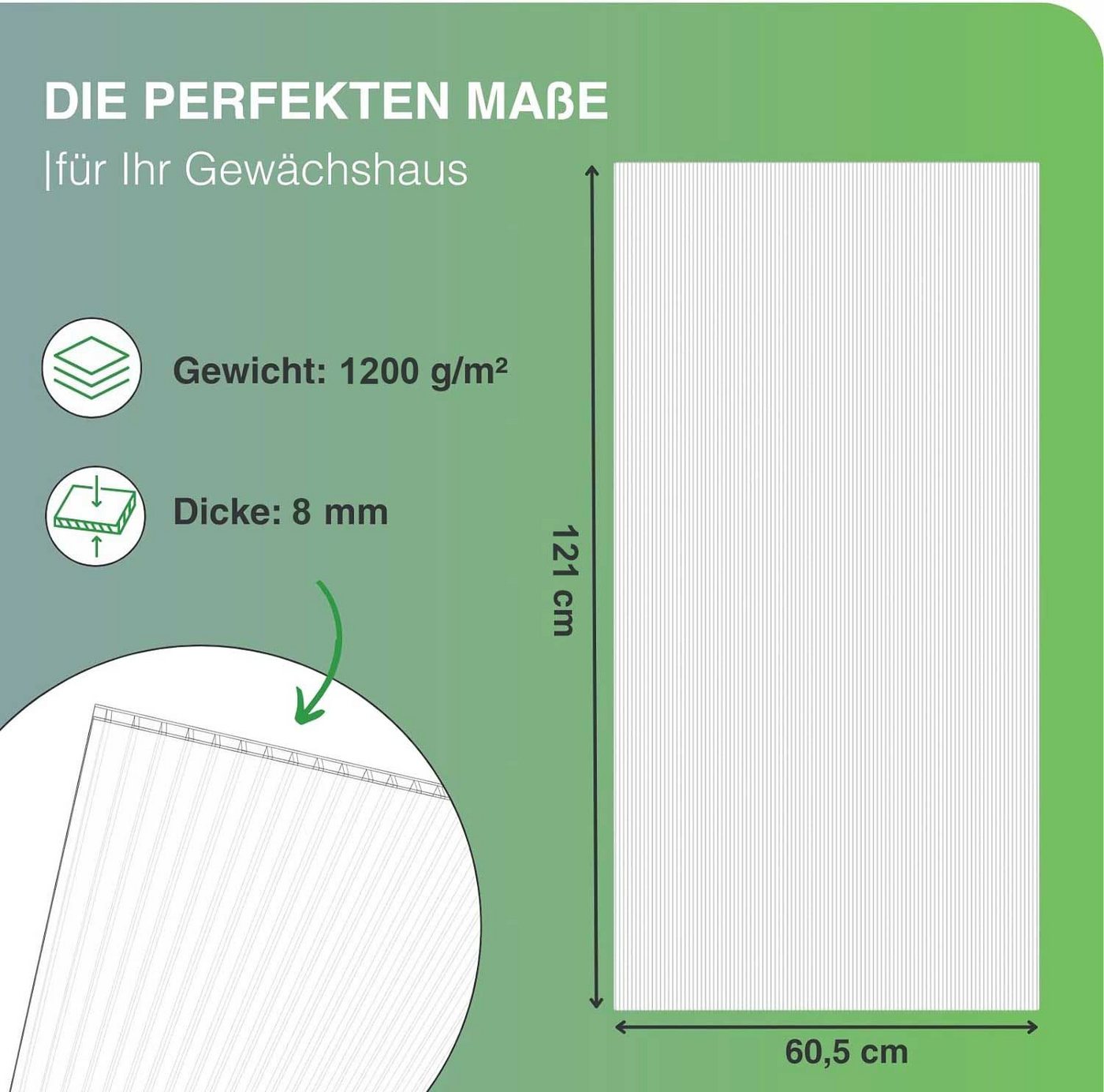 exeta Hohlkammerplatte Gewächshausplatten 8mm 8 Stück I 60,5 x 121 cm Polycarbonatplatten, 5,85 m², (Spar-Set, 8x 8mm) Bild 3