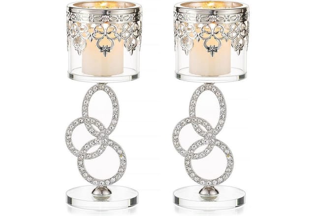 LuxusKollektion Teelichthalter Kristall Glas Teelichthalter, 2er Set Silber Stumpenkerzen Metall