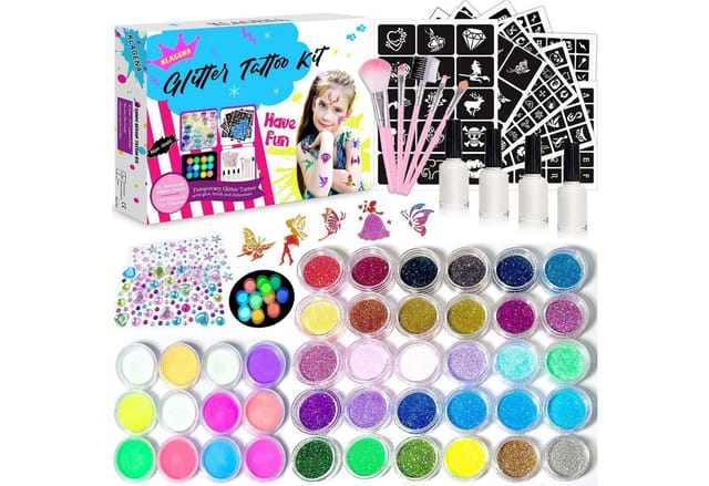 LuxusKollektion Kindertattoo Glitzer Tattoo Set Kinder 42 Farben Schablonen Strass Pinsel Kleber