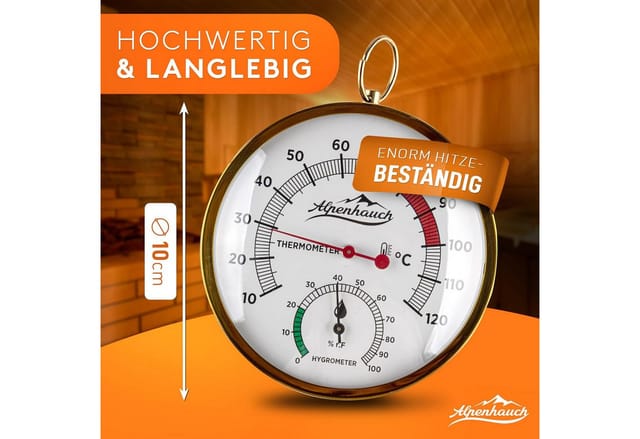 Alpenhauch Hygrometer & Thermometer aus Kupfer [2in1] - Präzieses Saunathermometer, Kupfer-& Edelstahlgehäuse, gehärtetes Glas, automatische Kalibrierung
