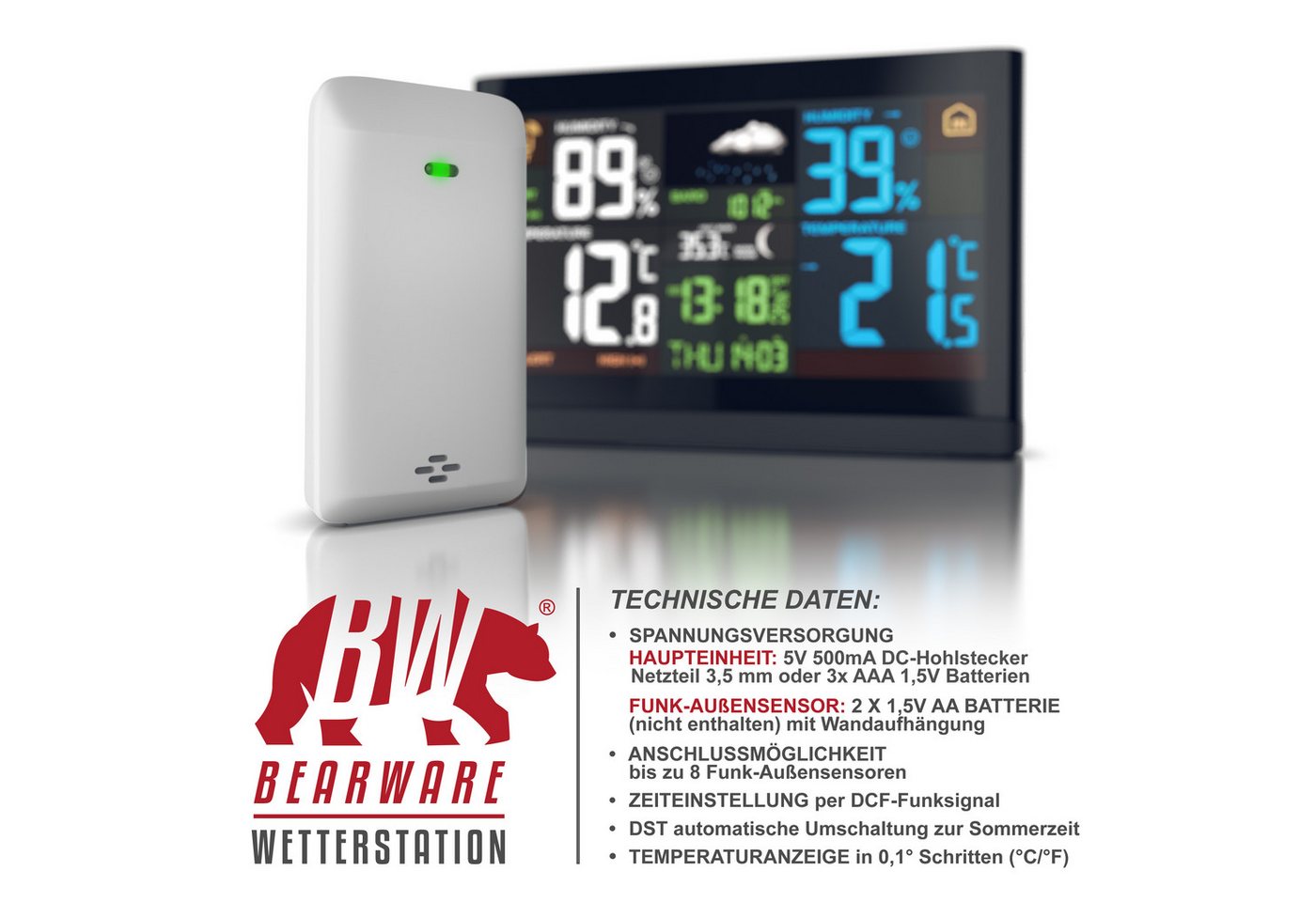 BEARWARE mit 3 Außensensoren und Farbdisplay, Funkwetterstation, DCF-Signal Wetterstation (Netzteil, drei Außensensoren, Bedienungsanleitung, Innen- und Außentemperatur, Luftdruck, Barometer, Wetterprognose)