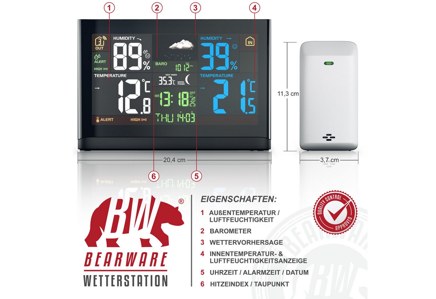 BEARWARE mit 3 Außensensoren und Farbdisplay, Funkwetterstation, DCF-Signal Wetterstation (Netzteil, drei Außensensoren, Bedienungsanleitung, Innen- und Außentemperatur, Luftdruck, Barometer, Wetterprognose) Bild 3
