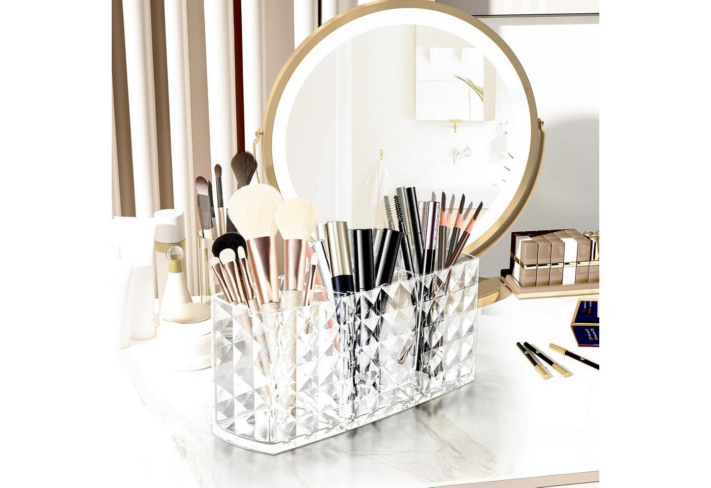 Refined Living Organizer Make Up Organizer, Makeup Pinsel Organizer Becher, mit 3 Fächern (Kosmetik Organizer, Acryl Schminkpinsel Aufbewahrung, Transparent,für Eyeliners Lippenstift Wimperntusche Kosmetikpinsel Schminkpinsel, Eyeliner Organizer, 2 St., Kristall Design,Platzsparend, Multifunktional Aufbewahrung,Wasserdicht), für Badezimmer Schlafzimmer Waschtische Büro Schreibtisch