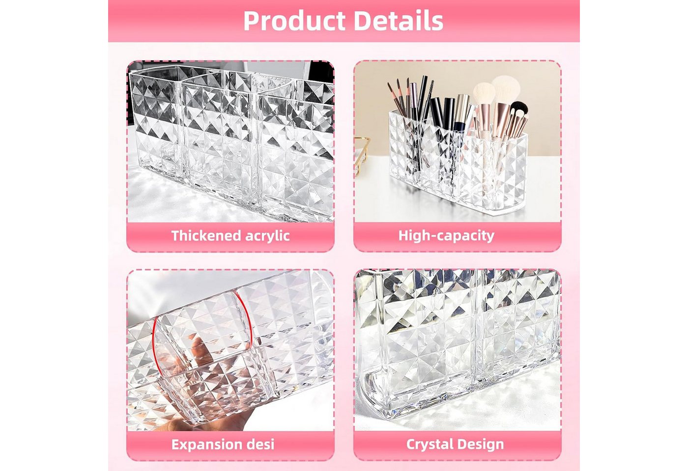 Refined Living Organizer Make Up Organizer, Makeup Pinsel Organizer Becher, mit 3 Fächern (Kosmetik Organizer, Acryl Schminkpinsel Aufbewahrung, Transparent,für Eyeliners Lippenstift Wimperntusche Kosmetikpinsel Schminkpinsel, Eyeliner Organizer, 1 St., Kristall Design,Platzsparend, Multifunktional Aufbewahrung,Wasserdicht), für Badezimmer Schlafzimmer Waschtische Büro Schreibtisch Bild 2