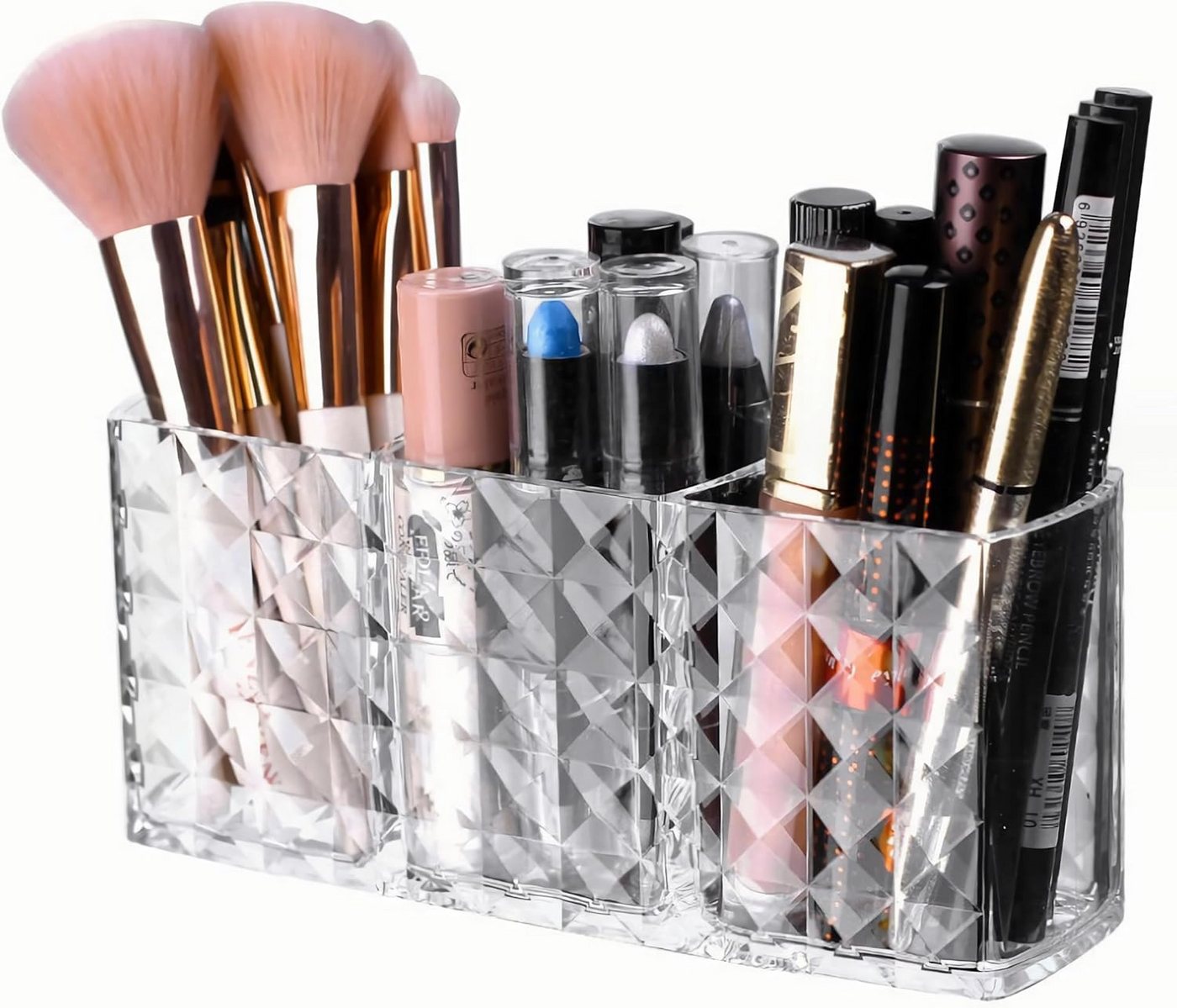 Refined Living Organizer Make Up Organizer, Makeup Pinsel Organizer Becher, mit 3 Fächern (Kosmetik Organizer, Acryl Schminkpinsel Aufbewahrung, Transparent,für Eyeliners Lippenstift Wimperntusche Kosmetikpinsel Schminkpinsel, Eyeliner Organizer, 1 St., Kristall Design,Platzsparend, Multifunktional Aufbewahrung,Wasserdicht), für Badezimmer Schlafzimmer Waschtische Büro Schreibtisch Bild 3