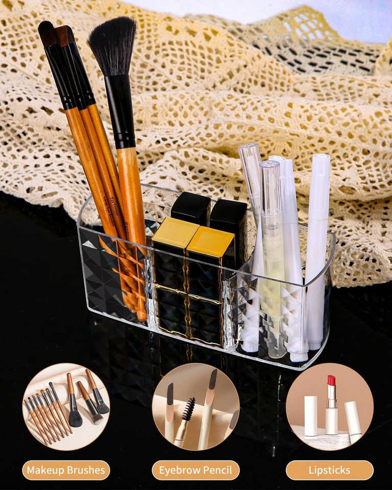 Refined Living Organizer Make Up Organizer, Makeup Pinsel Organizer Becher, mit 3 Fächern (Kosmetik Organizer, Acryl Schminkpinsel Aufbewahrung, Transparent,für Eyeliners Lippenstift Wimperntusche Kosmetikpinsel Schminkpinsel, Eyeliner Organizer, 1 St., Kristall Design,Platzsparend, Multifunktional Aufbewahrung,Wasserdicht), für Badezimmer Schlafzimmer Waschtische Büro Schreibtisch Bild 4
