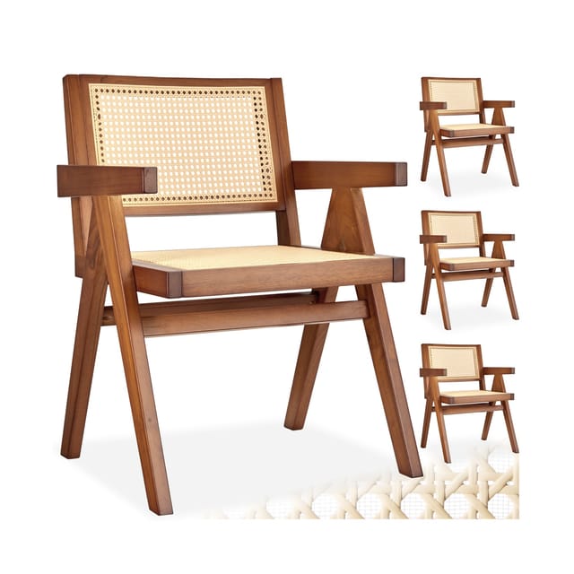 tectake Esszimmerstuhl Holzstuhl Lissy mit Wiener Geflecht im Boho-Stil (Set, 4 St), Breite Rückenlehne und bequeme Sitzfläche mit Armlehnen