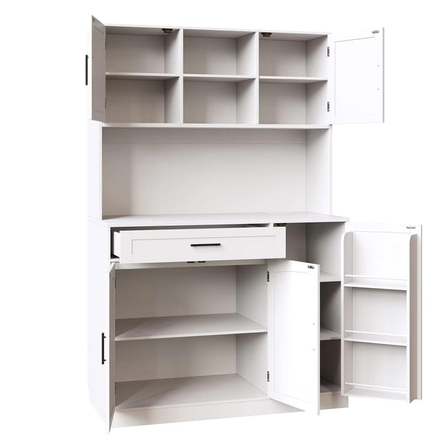 OKWISH Hochschrank Küchenbuffet,Kommode,Sideboard (Seitenschrank – Landhausstil mit LED-Leiste und Steckdose, Weiß, 1-St., 110x38x180 cm)