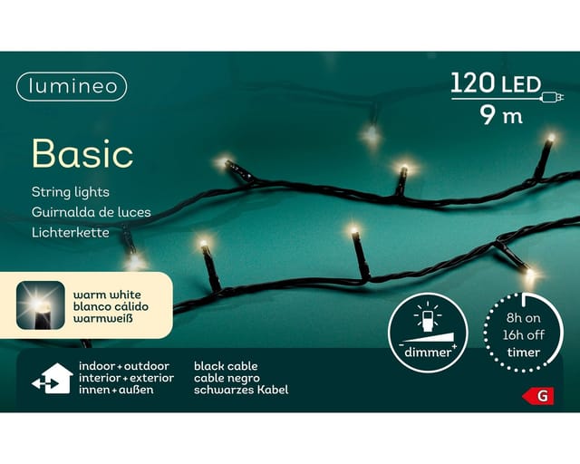 Lumineo LED-Lichterkette Lumineo Lichterkette BASIC 120 LED 9 m warm weiß, schwarzes Kabel, Indoor/Outdoor, dimmbar, 8h-Timer, 5 m Zuleitung