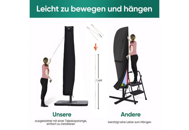 Sekey Sonnenschirm-Schutzhülle für Ampelschirm 3m Cover Abdeckung Plane mit Stab und Reißverschluss, aus 600D Oxford, Winterfest, Wasserabweisend, UV Schutz Abdeckhauben