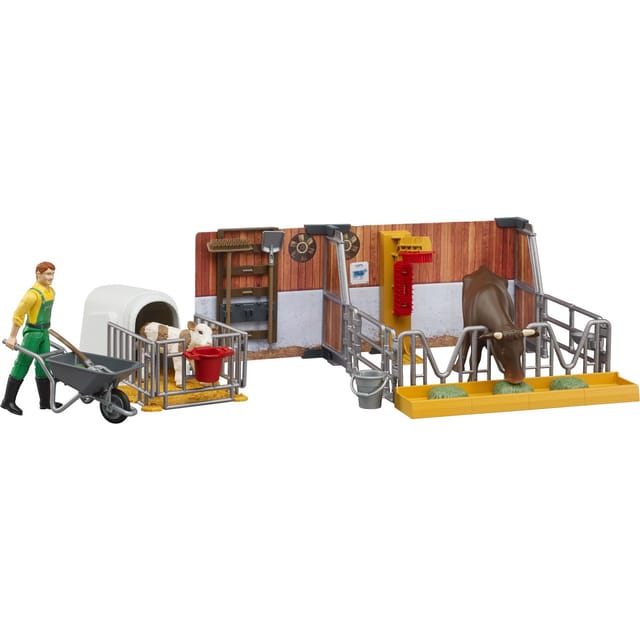 Bruder® Spielfigur bworld 62611 Kuh- und Kälberstall mit Landwirt, Tierfigur Bauernhoftiere Zubehör