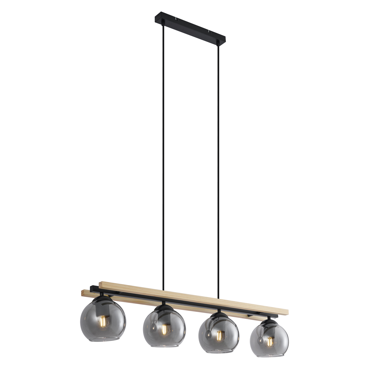 Qazqa Moderne Hängelampe Schwarz Mit Holz Und Rauchglas 4-flammig