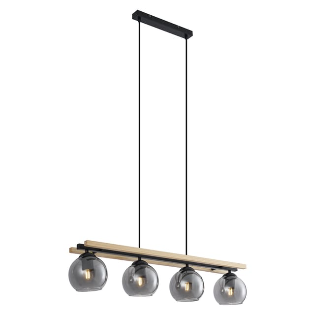 Qazqa Moderne Hängelampe Schwarz Mit Holz Und Rauchglas 4-flammig