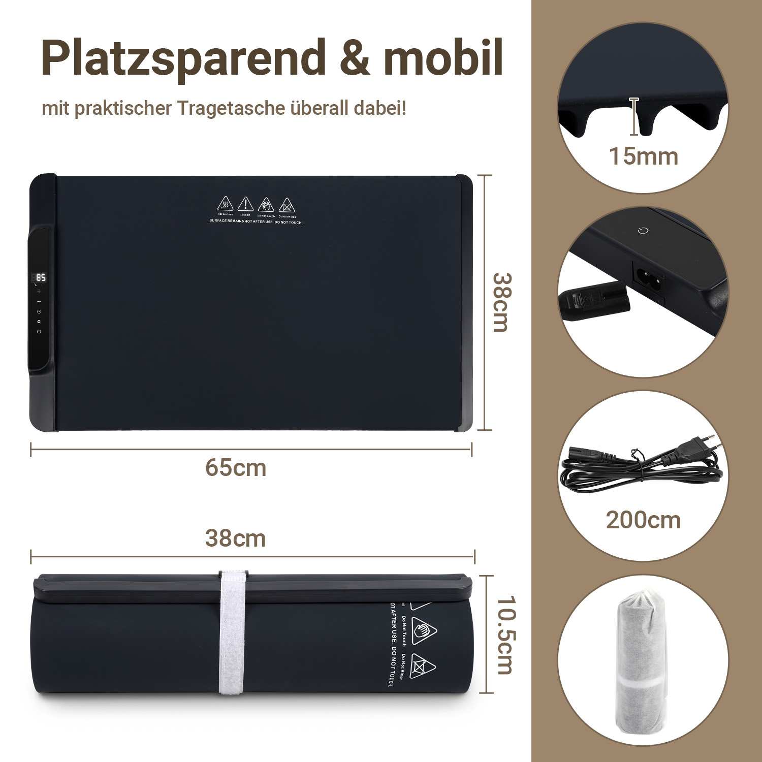 Randaco Elektrisches Warmhaltetablett Speisenwärmmatte Für Buffet,rollbarer Tragbarer Speisenwärmer Aus Silikon 240w -65x38cm Perfekt Für Partys, Catering, Buffet -dunkelgrau