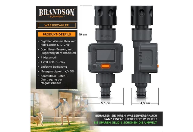 Brandson Wasserzähler Digitale Wasseruhr für den Gartenschlauch, Durchflussmessgerät 3/4", (Set, 5-tlg., bis 2400 l/h, 1 Zoll LCD-Display, Batterie inkl), 4 Modi zur Wasserverbrauchskontrolle, Durchflussmesser, IPX6