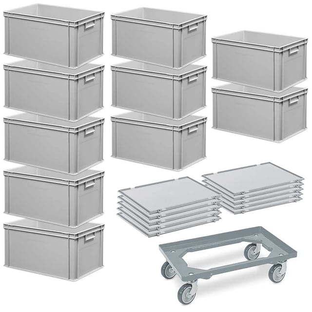 BRB-Lagertechnik Stapelbox 10 Euroboxen (600x400x320 mm) + 10 Scharnierdeckel + 1 Transportroller, Euroboxen aus Polypropylen-Kunststoff (PP)