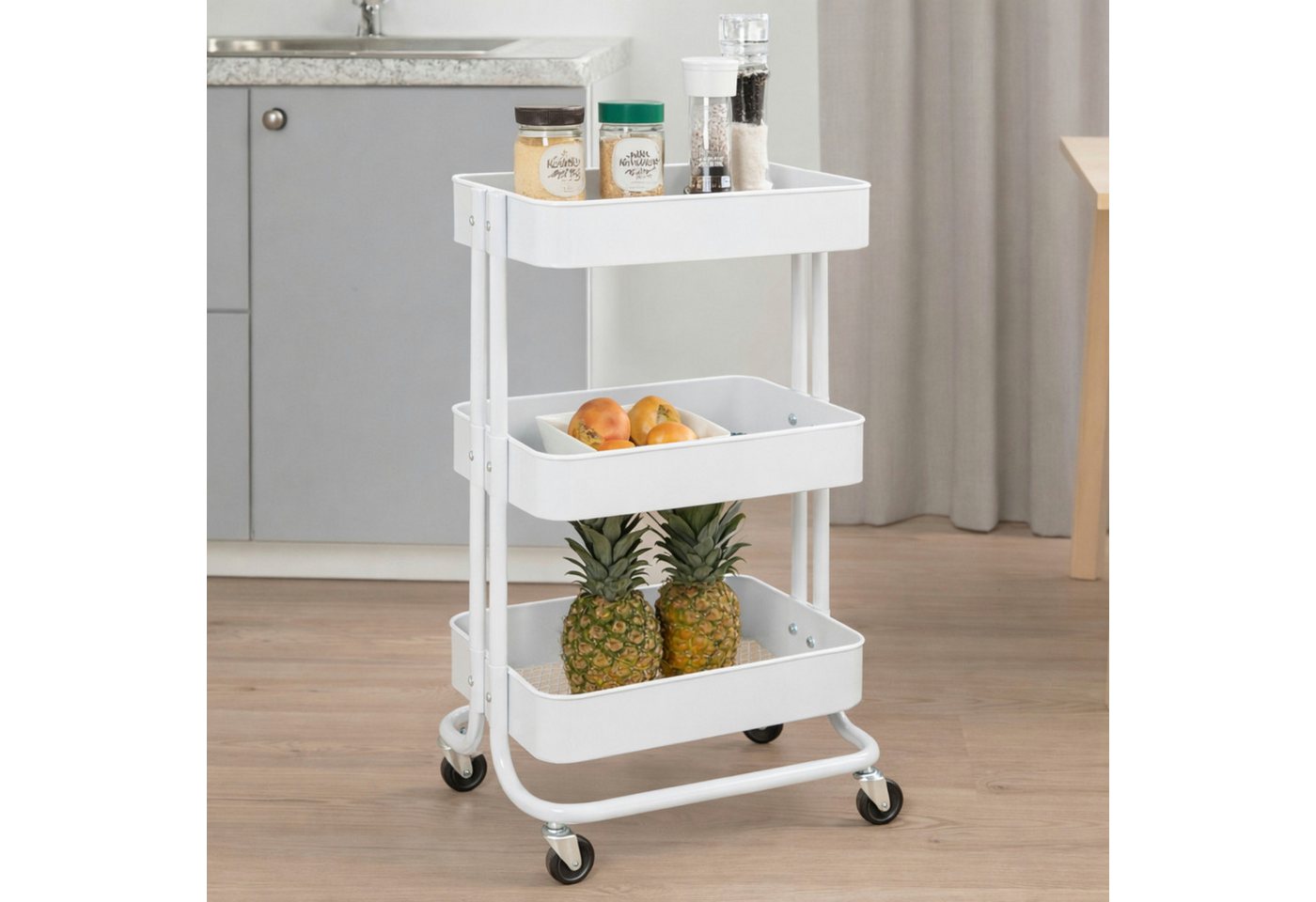 Koopman Küchenwagen Rollwagen Aufbewahrung Metall 76x46x33 cm Bausatz Montage Weiss, (1 St), Weiß, 76x46x33cm, Metall, 3 Ebenen, mit Rollen Bild 2