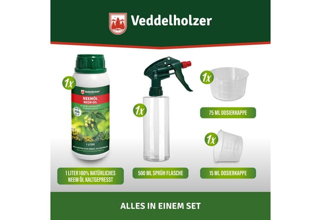Veddelholzer Pflanzenstärkungsmittel 1000 ml Premium kaltgepresstes 100% natürliches Neemöl Komplett Set, mit natürlichem Emulgator + Sprühflasche 500 ml & 2 Messbecher, natürliche Pflanzenpflege, für drinnen & draußen