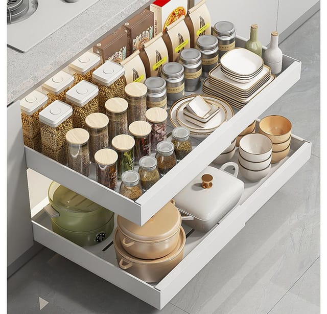 GarveeMore Küchenorganizer-Set 32-52CM Expandierbarer Ausziehbarer Schrank Organizer,FixiertmitKleber, Heavy Duty Auszug,Schubladen Ausziehbare Regale für Küche Speisekammer