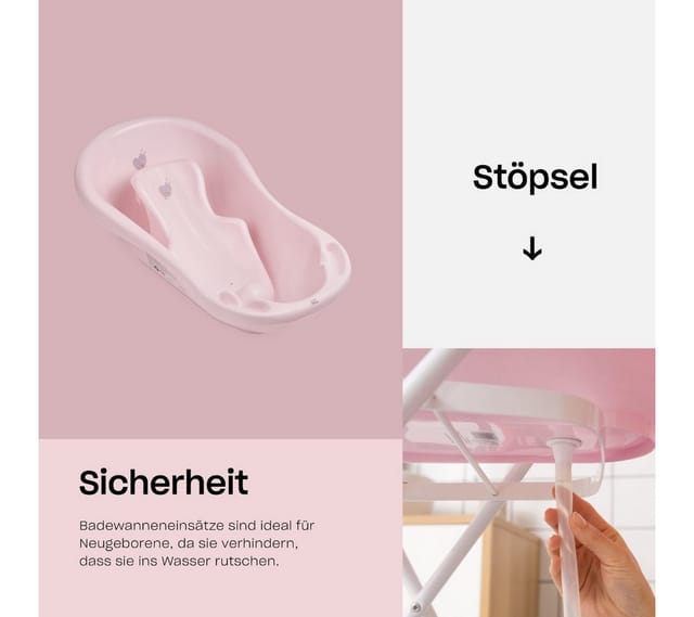 Hylat Baby Babybadewanne Badewannen-Set mit TÜV – Wanne, Sitz, Ständer, Ablauf, 4-tlg. Baby Bade-Set mit TÜV & Ablauf, Hug me - Rosa