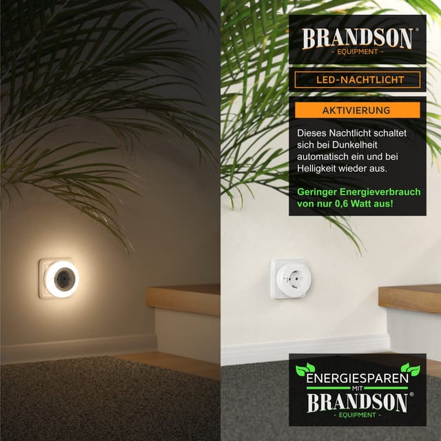 Brandson LED Nachtlicht Nacht & Orientierungslicht mit Steckdose, Helligkeits/Dämmerungssensor, Automatische Ein-/Ausschaltung, Farbwechsel, Nachtlichtfunktion, mit LED, Tageslichtsensor, LED fest verbaut, Blau, Warmweiß, Grün, Nachtlampe mit Zwischenstecker & auswählbaren Farben