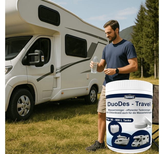 Aquintos Wasseraufbereitung Wassertank Tankreinigung - gegen Biofilm, Bakterien & Algen - für 30-600 L Tanks (DuoDes Travel, 1 St., Tablette für Camping, Caravan, Reisemobile und Wohnmobile), 10x20g - Zulaufschlauch & Tankdeckel werden ebenso gründlich gereinigt