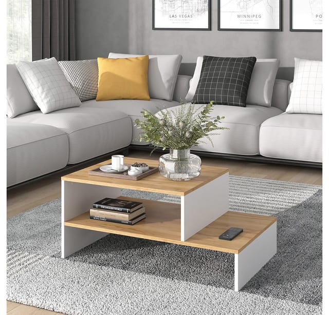 Vicco Couchtisch Amely, Goldkraft Eiche/Weiß, 90 x 55 cm mit Regal (1-St)