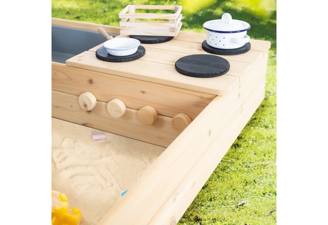 roba® Sandkasten Street & Play aus Holz - Design mit Straße, Kochplatte, Spielwanne, Sandkiste groß aus wetterfestem Massivholz - Natur / Schwarz