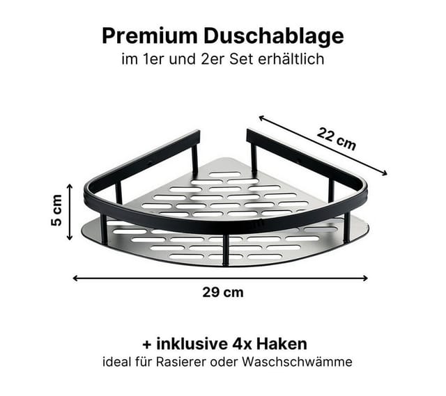 LIVINA HOME Duschablage ohne Bohren, Duschablage zum hängen, Duschkorb Eck in schwarz, 1-tlg., Eck Badregal, Duschregal, Duschzubehör, Badezimmerorganizer, +4 Haken