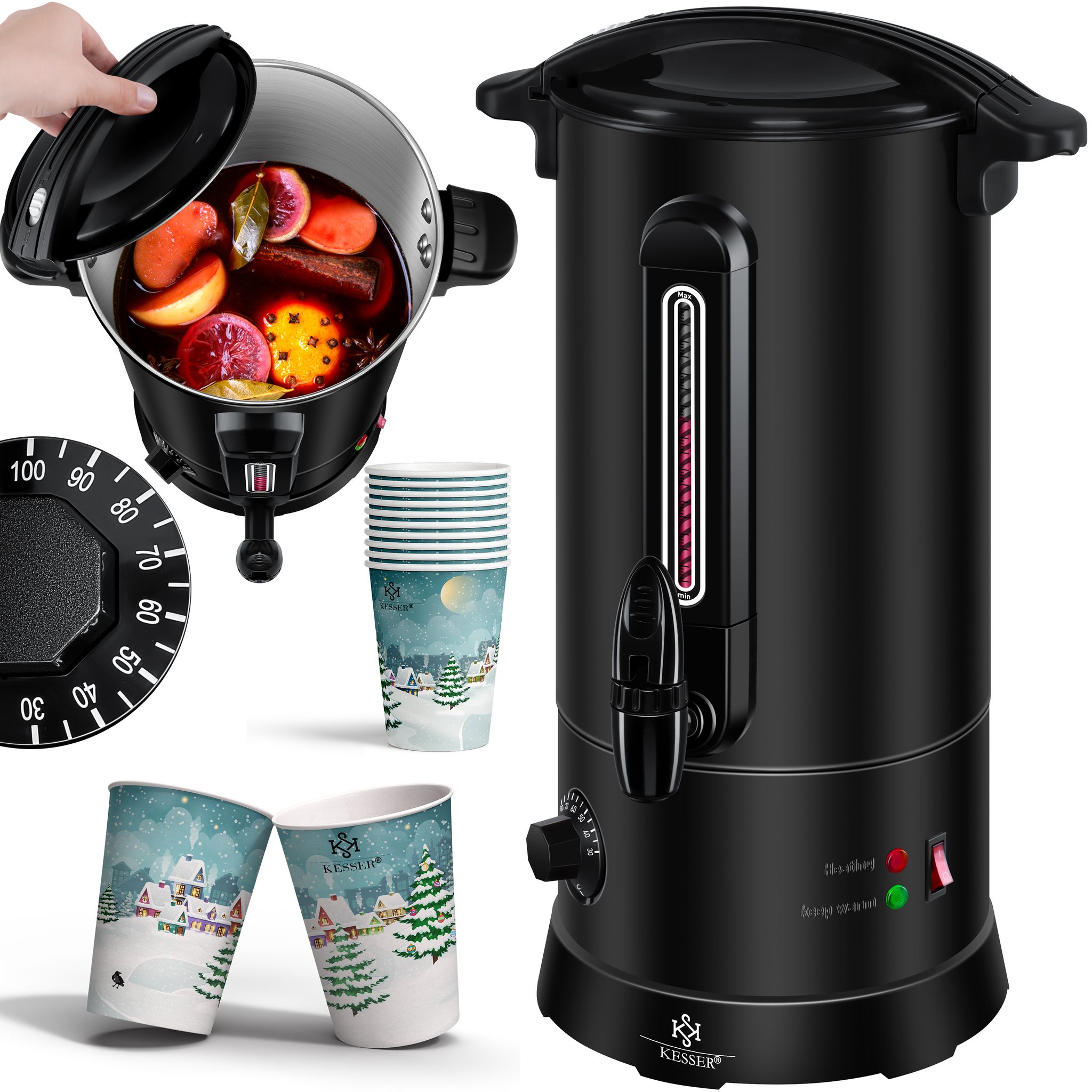 Kesser® Glühweinkessel 10l Edelstahl Mit 10 Bechern - Schwarz, 6.8 L
