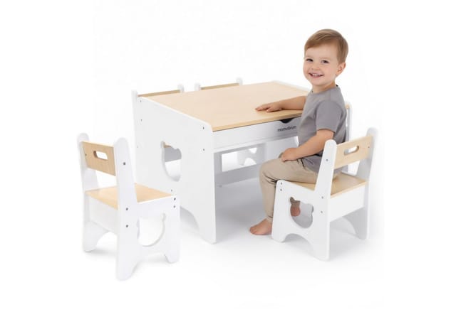 Mamabrum Kinderstuhl Mamabrum Kindertisch Set mit 4 Stühlen Holz weiß