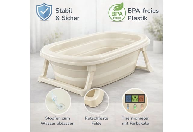 Babykajo Babybadewanne, (1-tlg), Faltbare Babybadewanne mit integriertem Thermometer und Abfluss