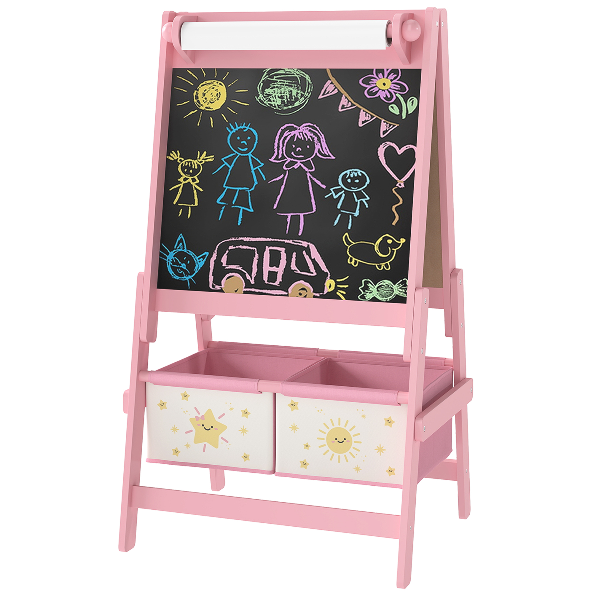 3-in-1 Kinderstaffelei Mit Papierrolle Und 2 Körben, Holz, 54 X 46 X 94 Cm, Rosa