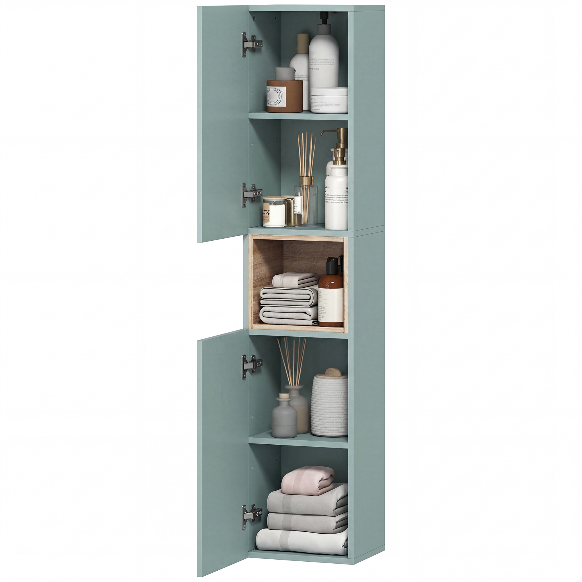 Badezimmerschrank Mit 2 Türen, Stauraum Mit Fächern Und Verstellbaren Einlegeböden, 30 X 24 X 140 Cm, Grün