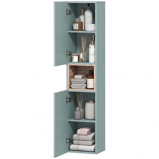Badezimmerschrank Mit 2 Türen, Stauraum Mit Fächern Und Verstellbaren Einlegeböden, 30 X 24 X 140 Cm, Grün