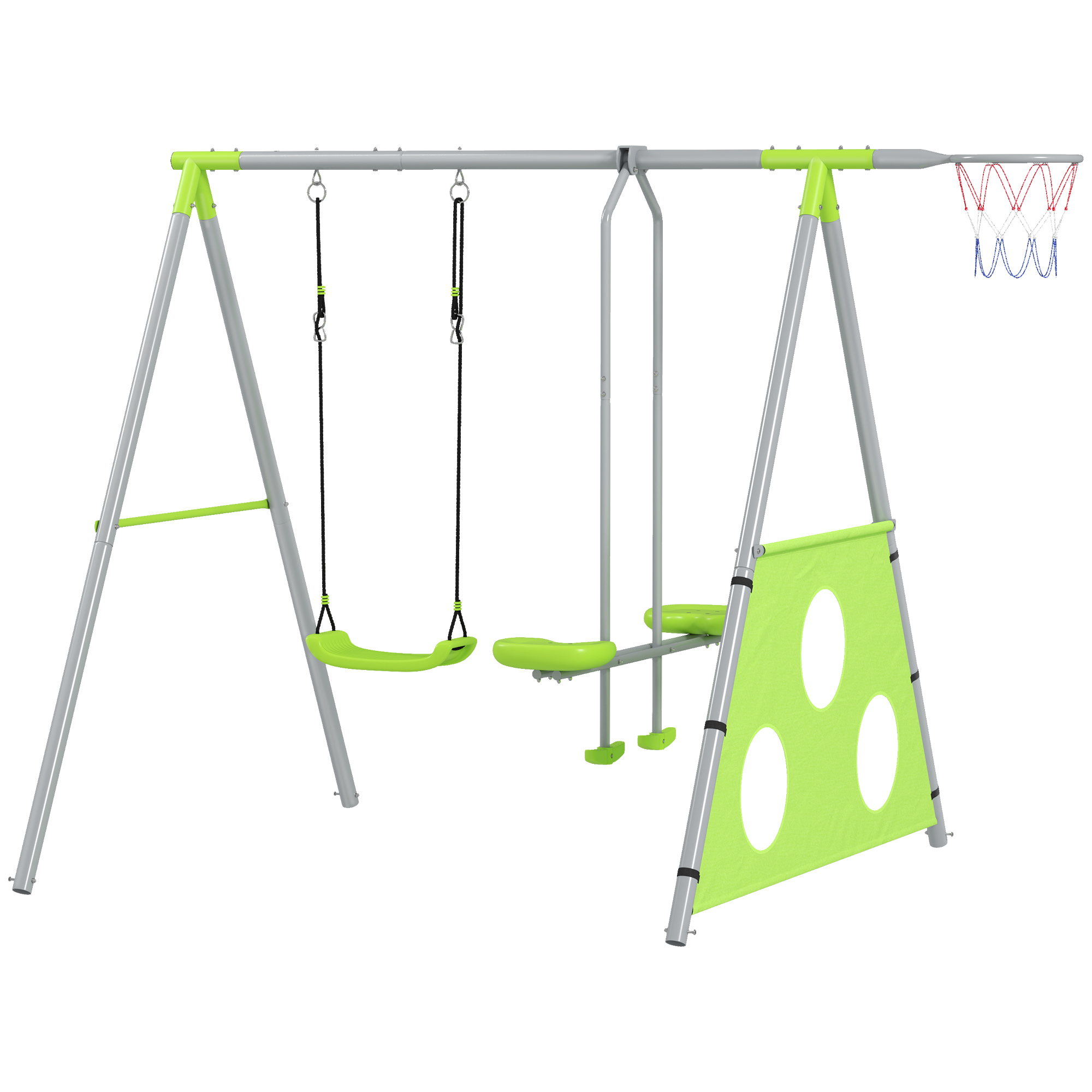4-in-1 Kinderspielset Mit 2 Gartenschaukeln, Basketballkorb Und Fußballtor, 215 X 180 X 182 Cm, Grün Und Grau
