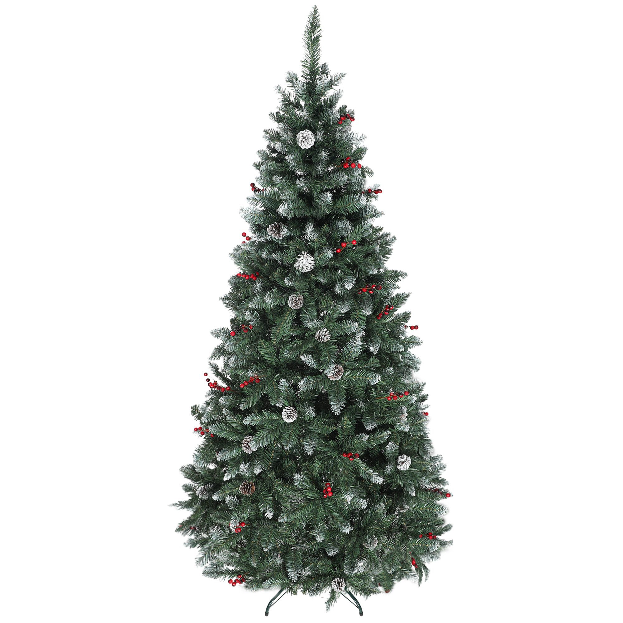 210 Cm Hoher Weihnachtsbaum Für Drinnen, 928 Zweige, Rote Zapfen Und Beeren, Metallständer, Grün