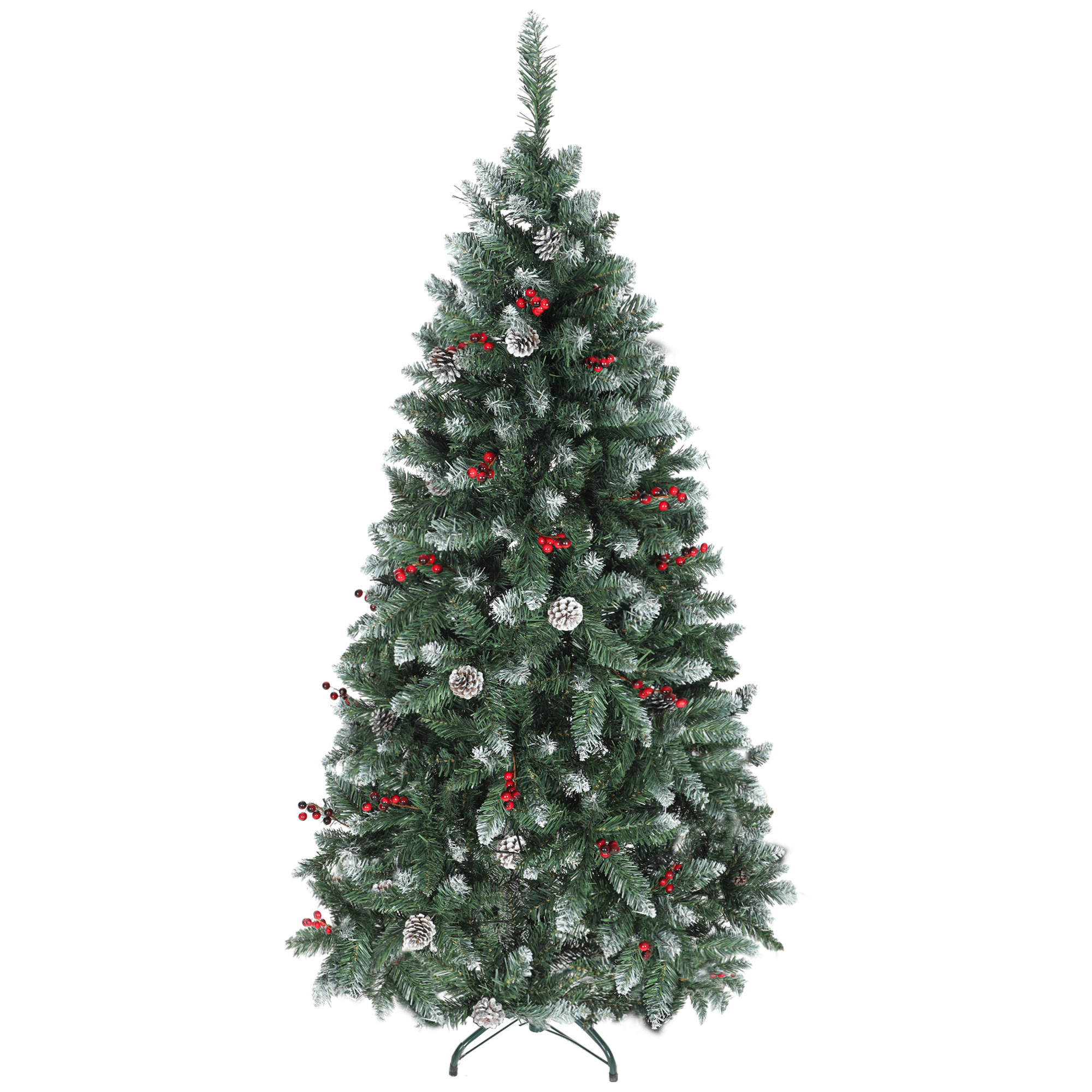 180 Cm Hoher Weihnachtsbaum Für Den Innenbereich Mit 620 Zweigen, Tannenzapfen Und Roten Beeren, Metallständer, Grün