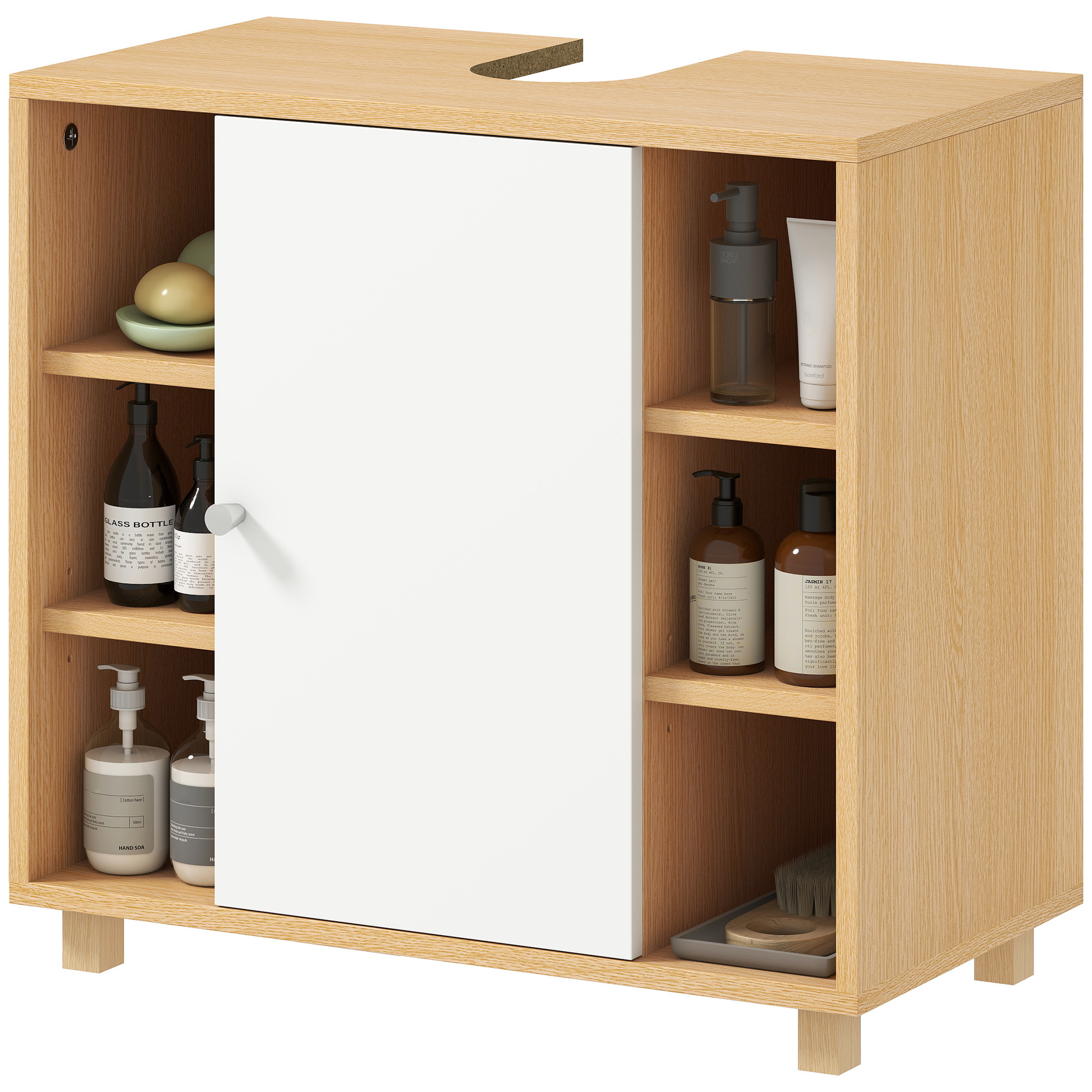 Badezimmerschrank Mit 2 Türen Mit Soft-close-mechanismus Und 6 Offenen Regalböden, 60 X 33 X 57 Cm, Weiß