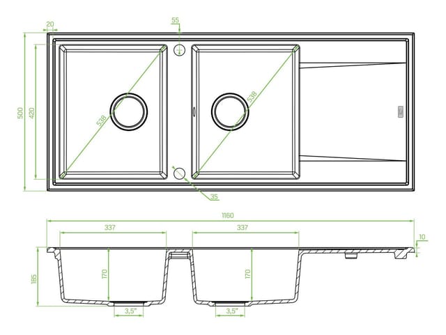 KOLMAN Küchenspüle Doppelbecken Megalo Granitspüle, Rechteckig, 50/116 cm, Space Saving Siphon GRATIS
