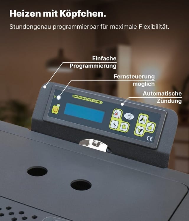 NEMAXX Pelletofen P12 Schwarz 13,6 kW A+ bis 120m³ Start-Reinig. & mech.Wartungs-Reinig., (ECO-Modus,Wochenprogramm,Fernbedienung,WiFi-Ready (optional),Timer), Multifunktionsdisplay, Vakuum- & Überhitzungsschutz, Auto-Pelletzufuhr