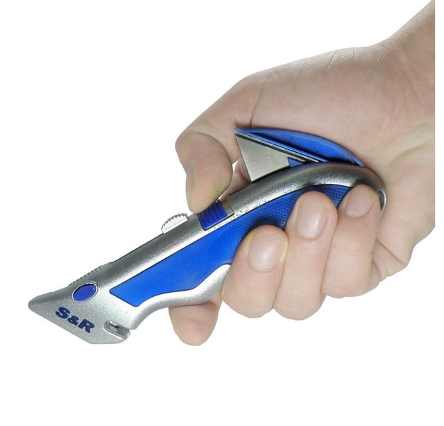 S&R Teppichmesser Schnellwechssel - Profi - Cuttermesser 165mm, (5-tlg., + 4 Ersatzklingen), SK5 Klinge 3-stufig, Klingenwechsel per Knopfdruck