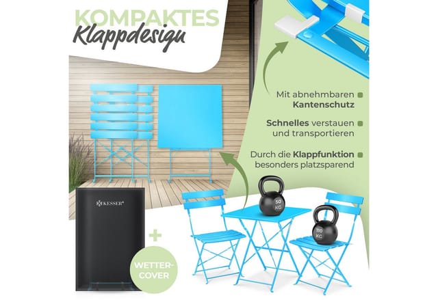 KESSER Bistrotisch 3-teiliges Bistroset Outdoor Sitzgruppe (1x Balkontisch mit 2 Stühlen & Schutzabdeckung), Balkonmöbel UV- & Wetterbeständig Gartenmöbel