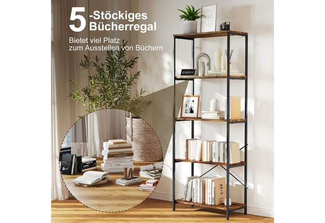 HOMCOM Bücherregal Standregal mit 5 Ebenen, 4 offenen Fächern, Metallrahmen, Standregal mit 5 Ebenen 1-tlg., für Wohnzimmer, Büro, Arbeitszimmer, 79x35x161cm, Rustikal-Braun