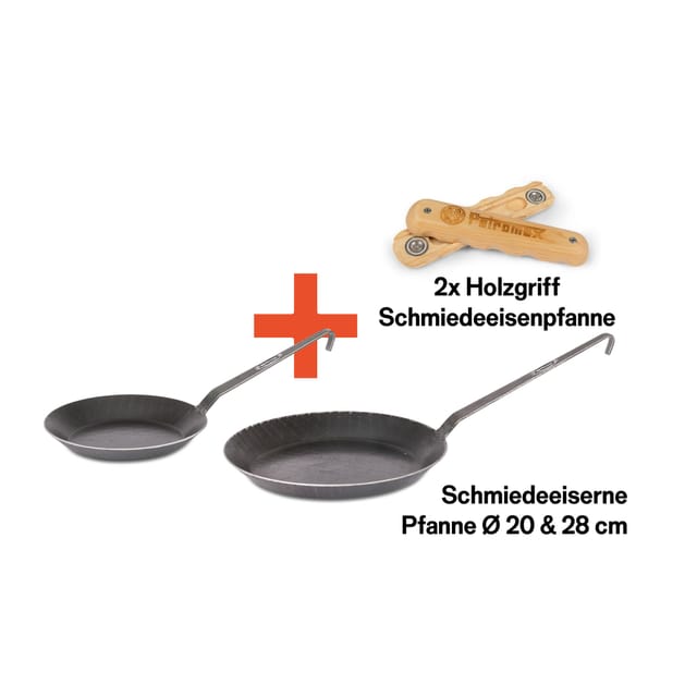 Petromax Feuerstelle Petromax Pfannen-Set Schmiedeeisen Pfanne SP20 + SP28 + 2x Holzgriff