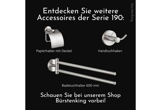 Bürstenking Toilettenpapierhalter ohne Deckel – Edelstahl matt gebürstet Serie 190 rostfrei & Montageset (Set), Horizontal wandmontiert, rund