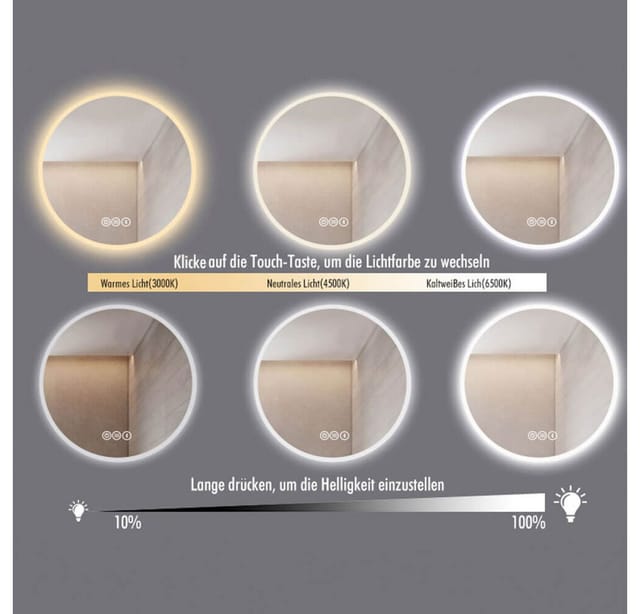 HOME DELUXE Badspiegel LED-Spiegel Rund FIANA - Größenauswahl (Aufhängbar mit und ohne Band), Antibeschlagsystem, Stufenloses Dimmen