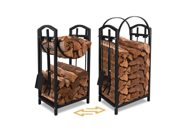 BBWL Kaminholzregal kompakter Brennholzständer mit 4-tlg Werkzeugset für Kamin & Ofen, BxTxH:40x30x75 cm, Kaminholzregal Set aus Metall mit Kaminbesteck