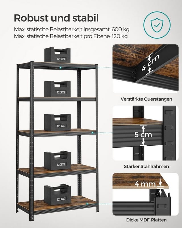 SONGMICS Standregal Küchenregale, 1-tlg., Lagerregal, 5 Ablagen, verstellbar, 50 x 100 x 200 cm