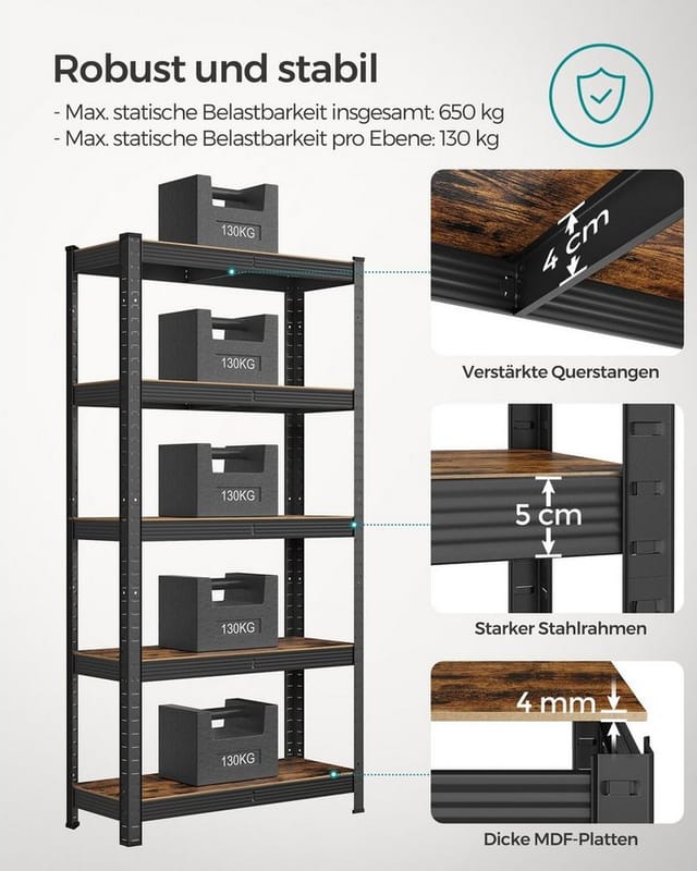 SONGMICS Standregal Küchenregale, 1-tlg., Lagerregal, 5 Ablagen, 150 x 75 x 30 cm, verstellbare Ablagen